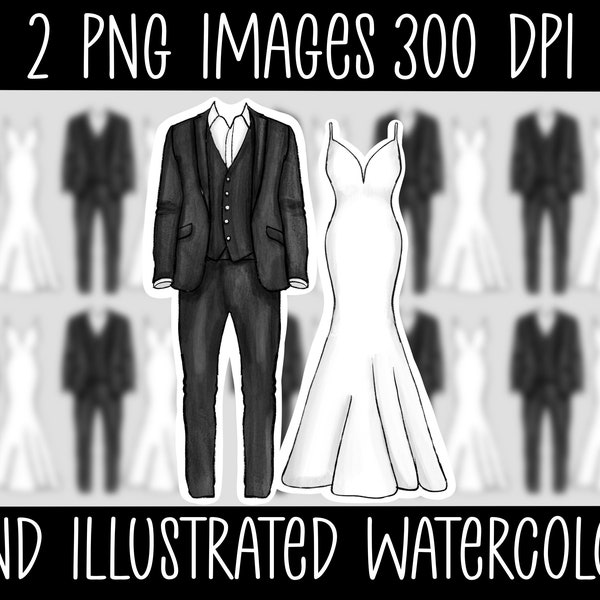 Watercolour Bride & groom digital download PNG files clipart images elements hand illustration print sublimation designs wedding dress suit