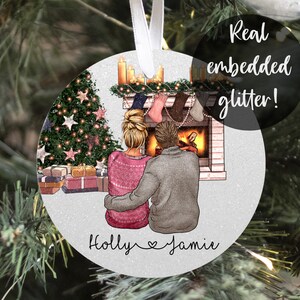 Personalised couple bauble, glitter Christmas clip art boyfriend girlfriend name love daughter engagement gift uk tree decor ideas fiancé image 1