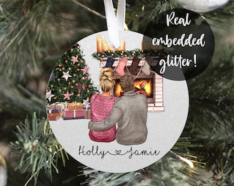 Personalised couple bauble, glitter Christmas clip art boyfriend girlfriend name love daughter engagement gift uk tree decor ideas fiancé