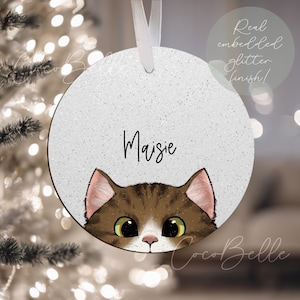 Personalised peaking cat bauble, any colour cartoon digital illustration name Christmas gift sphynx fold shorthair longhair lover owner