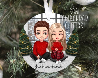 Personalised cartoon couple bauble, Christmas clip art boyfriend girlfriend name love daughter glitter gift uk tree decor ideas fiancé