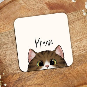 Personalised peaking cat coaster, any colour cartoon digital illustration name pet gift sphynx fold shorthair longhair lover owner