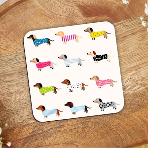 Dachshunds in jumpers coaster, sausage dog cute colourful cartoon illustration daxie owner lover gift pet gift ideas