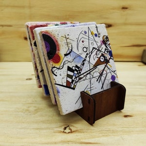 Wassily Kandinsky Paintings - Travertine Natural Stone Coaster Set With Decorative Display Stand