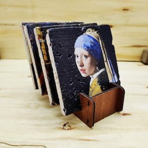 Johannes Vermeer Paintings - Travertine Natural Stone Coaster Set With Decorative Display Stand