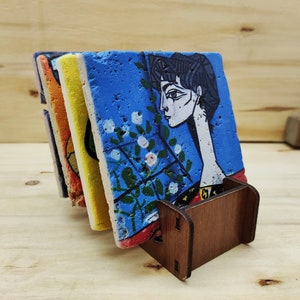 Picasso Paintings - Travertine Natural Stone Coaster Set With Decorative Display Stand