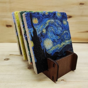 Van Gogh Paintings - Travertine Natural Stone Coaster Set With Decorative Display Stand