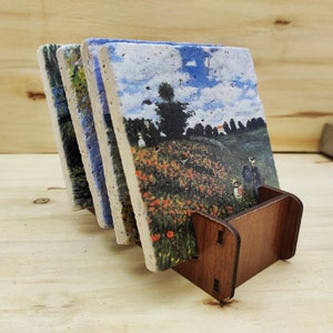 Monet Paintings - Travertine Natural Stone Coaster Set With Decorative Display Stand