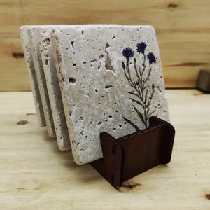 Floral Designs - Travertine Natural Stone Coaster Set With Decorative Display Stand