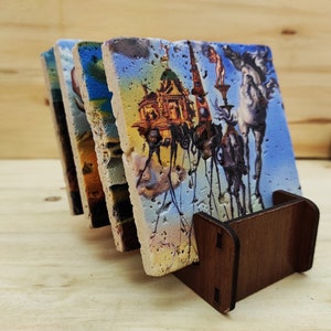 Dali Paintings - Travertine Natural Stone Coaster Set With Decorative Display Stand