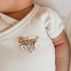 Personalized Gold Baby Pin Baby Brooch Baptism Pin Stroller Pin Baby Shower Keepsake Baby Pin Bridal Pin Shell Gift Box image 1