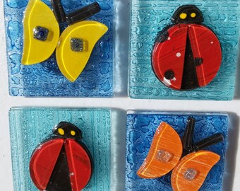 Aimants uniques en verre fondu faits à la main | Aimants de réfrigérateur | Lady bug | | papillon | chanceux | colorées Aimants de réfrigérateur | 5x5cm