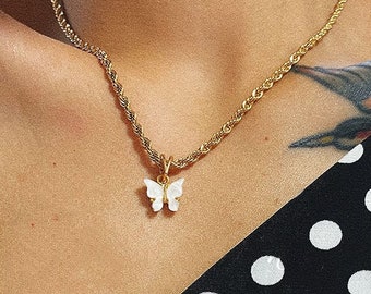 Butterfly Charm Rope Necklace | Stainless Steel | Gold Plated