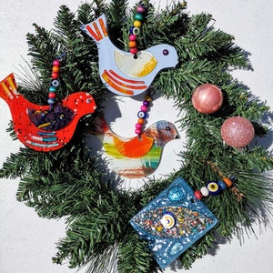 Handmade Fused Glass Colourful Dove Christmas Ornament Wall Hanging | House Gift | Decorative Glass | Evil Eye | Greek Mati | Nazar