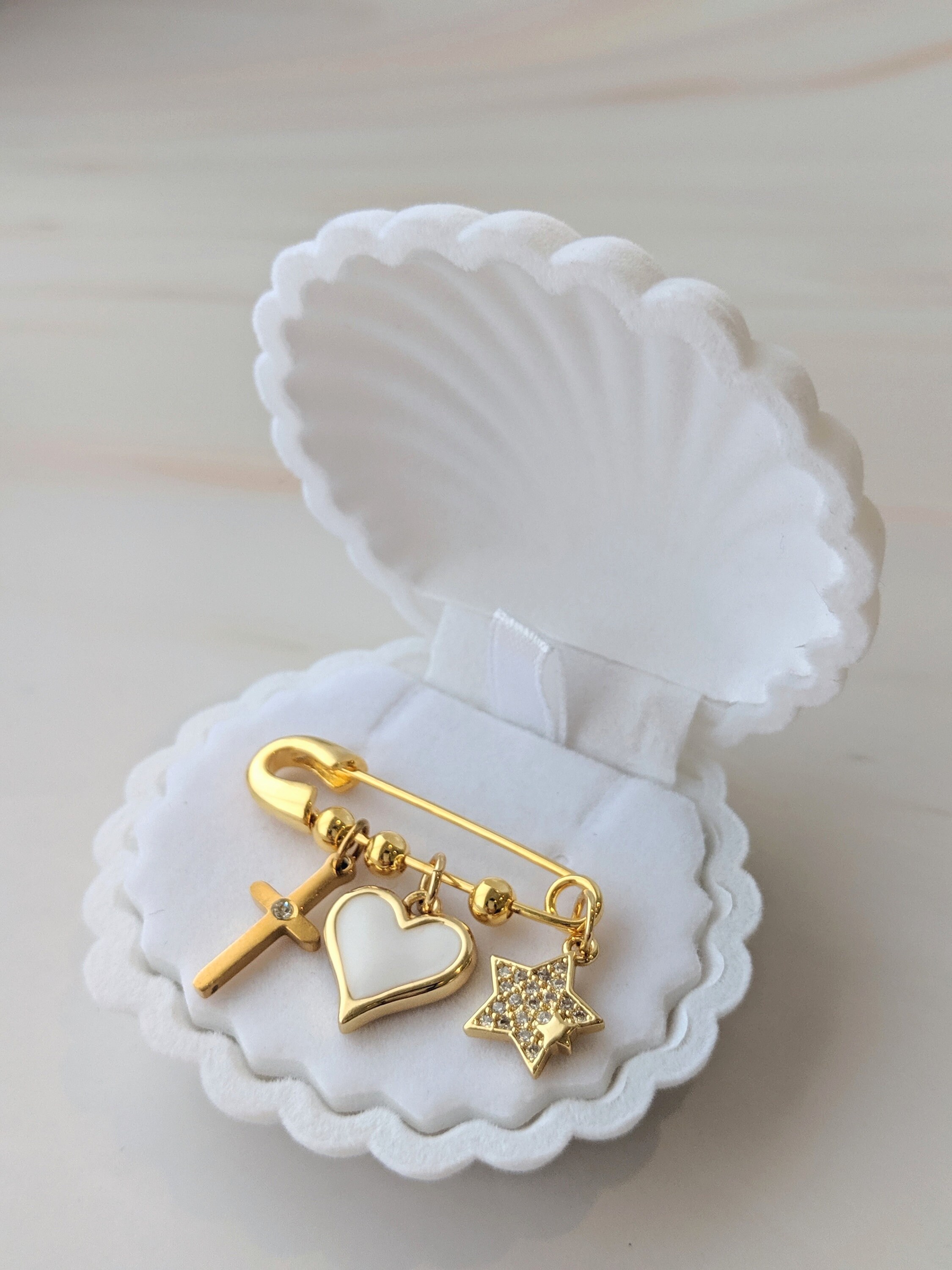 Personalized Gold Baby Pin Baby Brooch Baptism Pin Stroller Pin Baby Shower  Keepsake Baby Pin Bridal Pin Shell Gift Box 