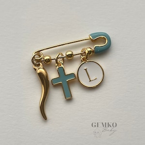 Personalized Italian Cornicello Gold Baby Pin Baby Brooch Baptism Pin Stroller Pin Keepsake Baby Pin Bridal Pin Chilli image 1