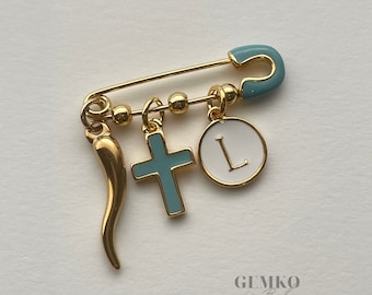 Personalized Italian Cornicello Gold Baby Pin |  Baby Brooch | Baptism Pin | Stroller Pin |  | Keepsake Baby Pin | Bridal Pin | Chilli