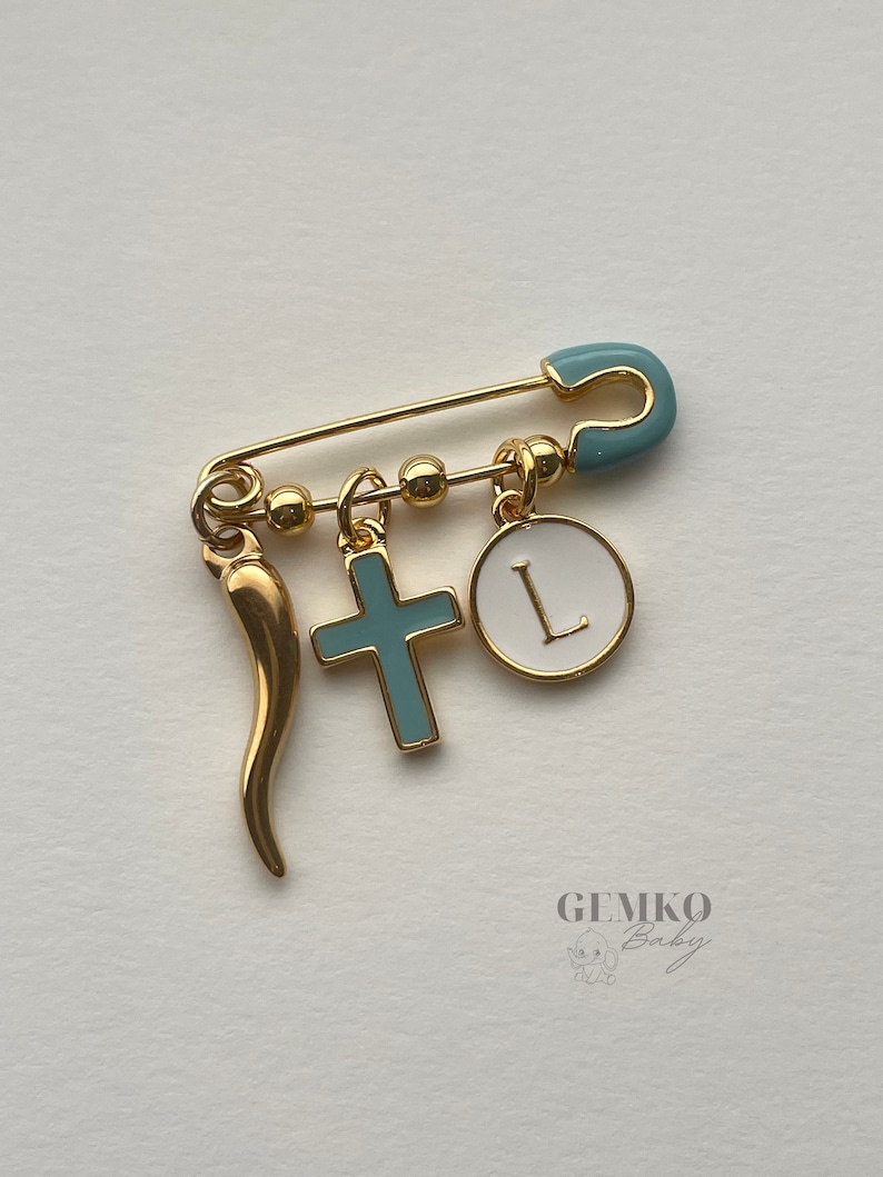 Personalized Italian Cornicello Gold Baby Pin Baby Brooch Baptism Pin Stroller Pin Keepsake Baby Pin Bridal Pin Chilli image 1