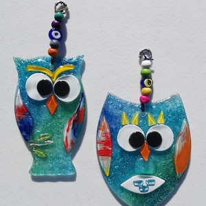 Handmade Fused Glass Hello Owls | Wall Decoration | Wall Hanging | Unique Gift | House Gift | Owl | Evil Eye