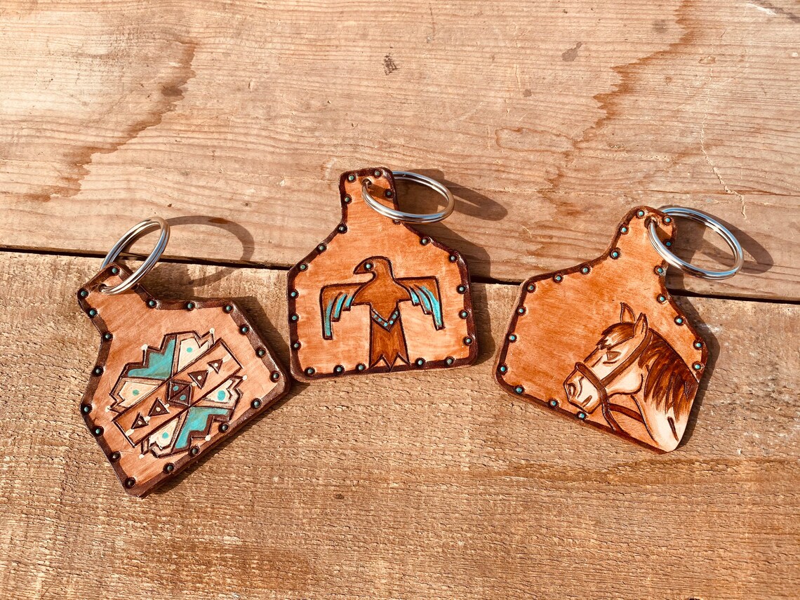 Tooled western key chains cow tag horse thunderbird Aztec Etsy