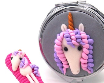 Taschenspiegel mit Einhorn aus Fimo - in Geschenkbox/Fantasy Horse - Geschenke für Pferdefreunde