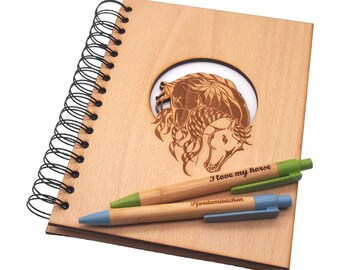 Wooden notebook with engraving “Horses Whites”/Fantasy Horse - gifts for horse lovers