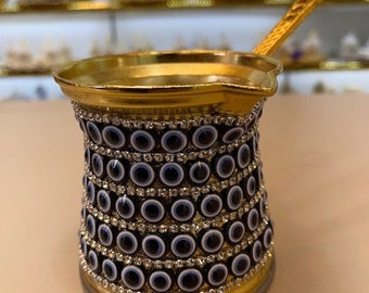 Swarovski Coated Copper Turkish Coffee Pot: Handmade Gold Cezve Ibrik (12 Ounces)