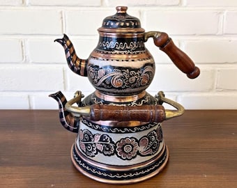 Handmade Engraved Copper Turkish Teapot with Wooden Handle