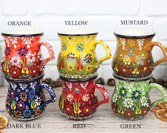 SET OF 6 Turkish Ceramic Mug, Handmade Ceramic Espresso Mug, Turkish Ceramic Cup, Handpainted Ceramic Mugs, Large Coffee Mug, Ceramic Mugs