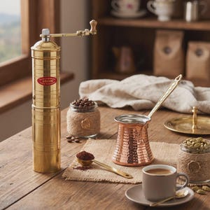 May include: A tall cylindrical brass coffee grinder with a hand crank, a hammered copper coffee pot with a long handle, a small brass measuring spoon with coffee grounds, and a beige ceramic coffee cup on a matching saucer.