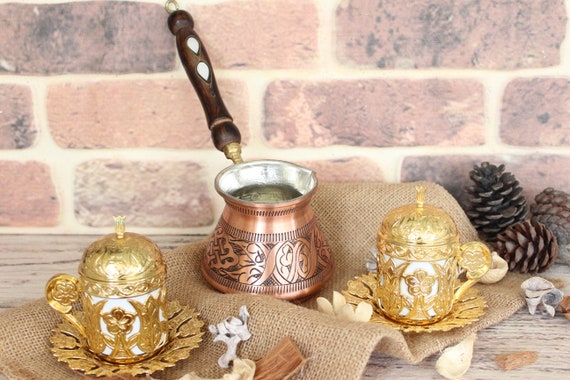 Handgefertigtes Kupfer Kaffee Servier Set - Kaffeekanne mit 2 Tassen, Traditionelles Türkisches Kaffee Set