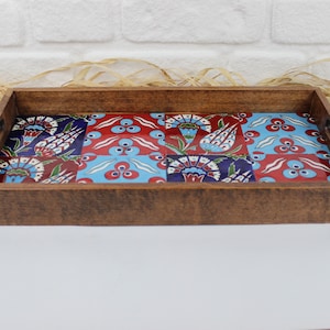 Handmade Wooden Tile Tray, Coffee Serving Wood Tray, Decorative Serving Tray, Wooden Tray , Boho Tile Tray, Iznik Tile Tray, Bohemian Tray,