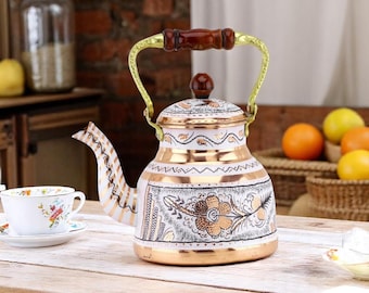 Handmade Turkish Copper Teapot: Stovetop Kettle for Herbal Tea (57oz)