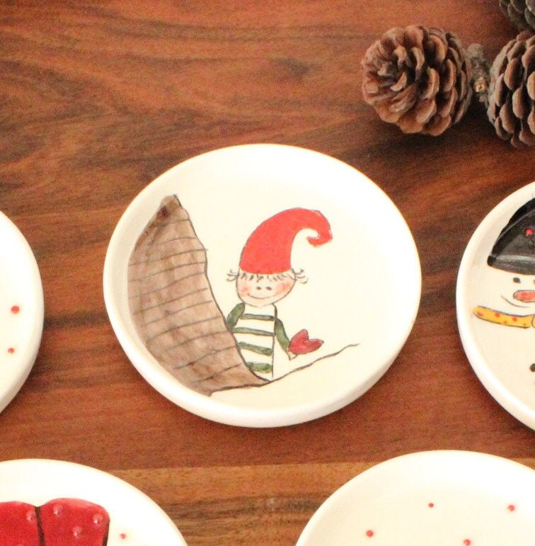Santa Claus Handmade Ceramic 6 Platter Bowl Set, Santa 6 Cookies