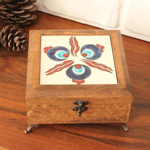Handmade Wooden Chintemani Jewelry Box, Tile Jewelry Box, Iznik Tile Ceramic Top Wooden  Box, Jewelry Box Decorated With Tile, Mahogany Box