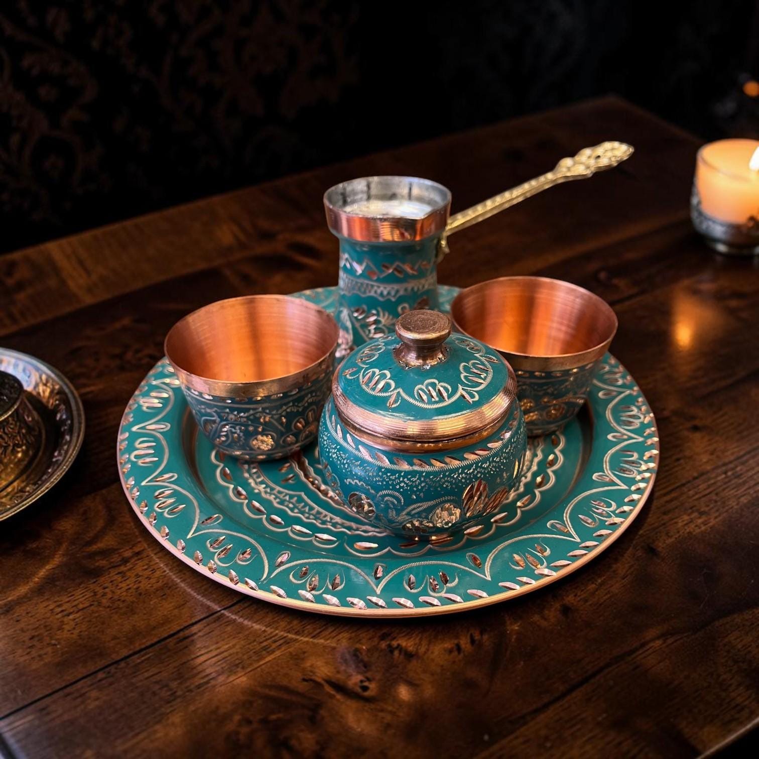 Copper Bosnian Coffee Set, Traditional Turkish Coffee Cups and