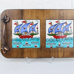 Handmade Wooden Tile Tray with Handles, Coffee Serving Wood Tray, Decorative Serving Tray, Wooden Tray , Boho Tile Tray, Iznik Tile Tray