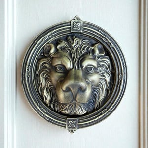 XL Brass Lion Head Door Knocker 8.25 in, Front Door Ornament, Brass Lion Door Knocker