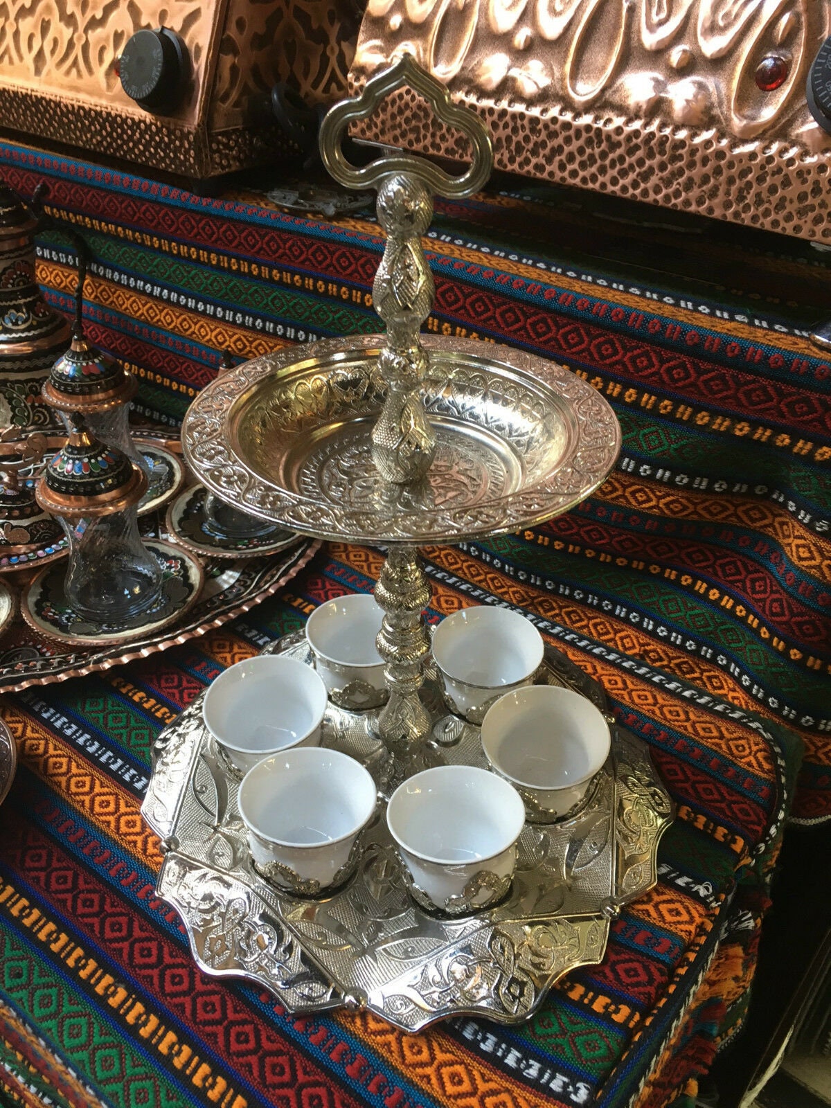 Copper Turkish Coffee Espresso Serving Set Authentic Coffee Cup Tray