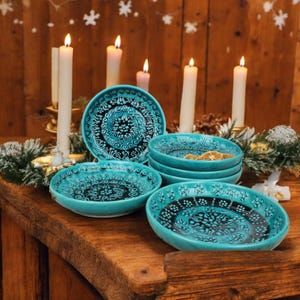 8 &#39;&#39; Turkish Handmade Turquoise Ceramic Dinner Plates – Pottery Serving Set, Hand-Painted Platter