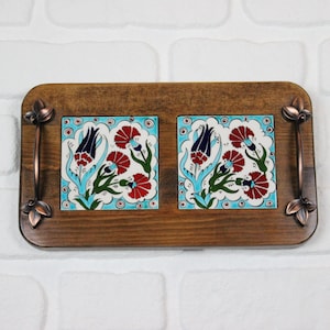 Handmade Wooden Tile Tray, Coffee Serving Wood Tray, Decorative Serving Tray, Wooden Tray , Boho Tile Tray, Iznik Tile Tray, Bohemian Tray,