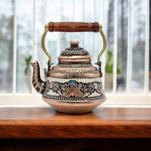 Handmade Turkish Copper Teapot: Engraved Tea Kettle with Wooden Handle