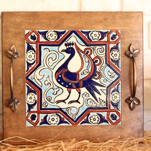 Handmade Unique Tile Painted Wooden Serving Tray with Handles - Boho Decor