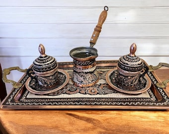 トルココーヒーセット、銅製コーヒーセット、2人用手作りヴィンテージ