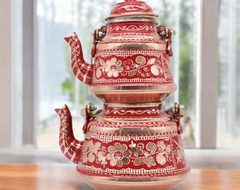 Handmade Engraved Copper Turkish Teapot with Wooden Handle