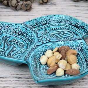 Handmade Turkish Ceramic Divided Serving Dish: Turquoise Tapas Bowl