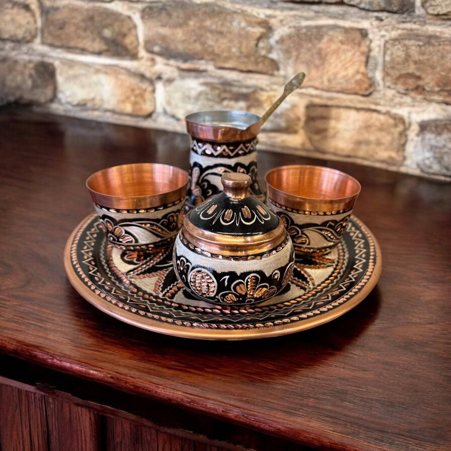 Copper Bosnian Coffee Set, Traditional Turkish Coffee Cups and
