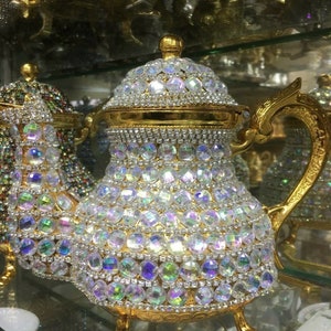 Authentic Handmade Crystals Coated Copper Teapot Home Decor Gold Color