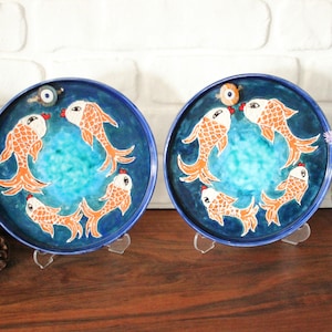 Hand-Painted Turkish Iznik Tile Plate Set: Fish Wall Decor (8.4&#39;&#39;)