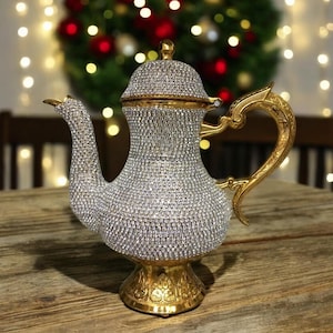 Authentic Handmade Copper Crystals Coated Teapot Ibrik Pitcher Gold Color